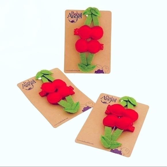 Other - NWOT Set of 3x Pair Angel Baby Leaf Cherry Girls Head Bow Clip Hair Clip